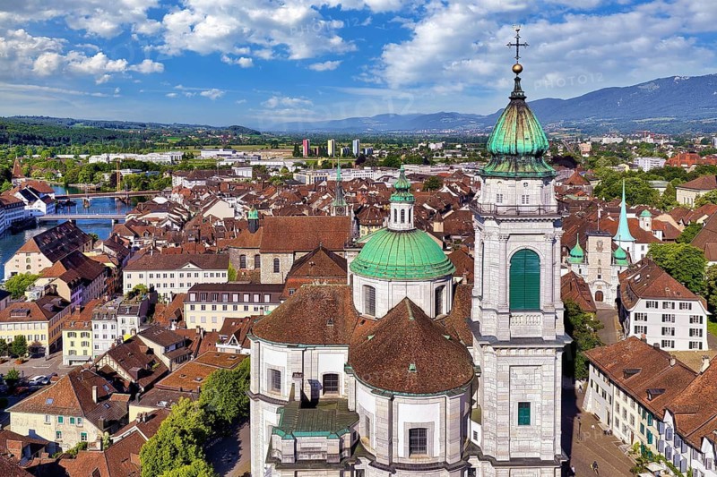Baroque city of Solothurn with St. Ursen Cathedral from above, Canton of Solothurn, Switzerland