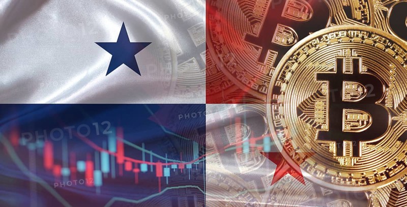 Bitcoin cryptocurrency with Panamanian flag. Investors in Blockchain Technology with Panama flag background
