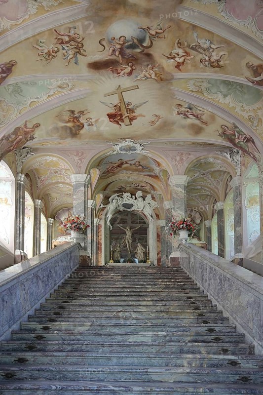 Entrance with coat of arms to the Holy Staircase, built in 1751 by Baroque builder Balthasar Neumann, stairway, year, Kreuzberg Church, Kreuzberg, Endenich, Bonn, North Rhine-Westphalia, Germany