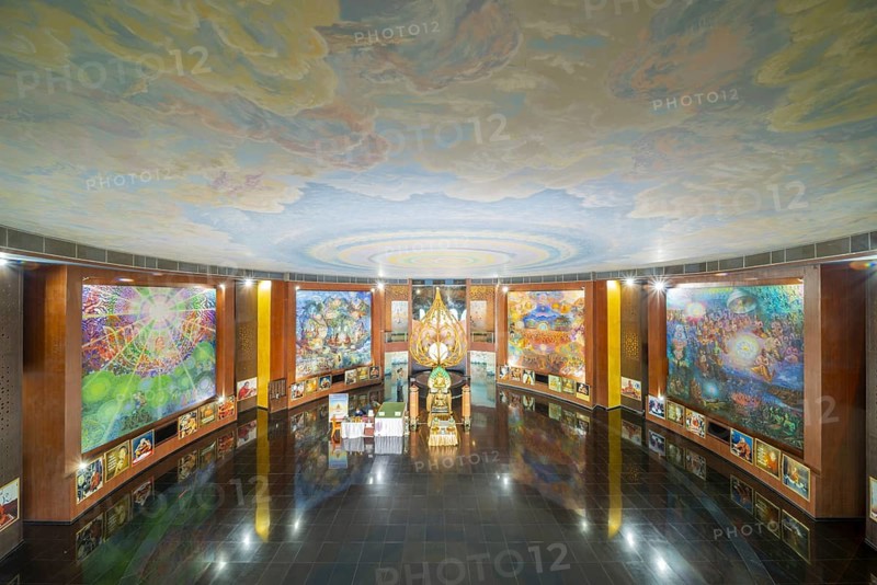 Main hall of the elephant temple Thep Wittayakhom Vihara, Wittayakom, mural and golden lotus flower, Wat Baan Rai, Korat, Nakhon Ratchasima Province, Isaan, Isan, Thailand