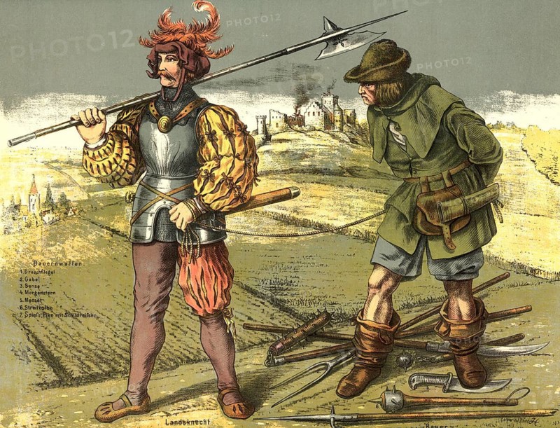 Contrast between a Landsknecht and an armed rebel from the German Peasants' War (1524–1525) . The Landsknecht wears a striking, colourful traditional traditional costume with slit puffed sleeves and harem trousers. Peasant in plain, functional everyday clothing made of coarse, earth-coloured cloth, loden or linen, wearing a simple floppy hat, school picture, illustration, reproduction of a 19th-century original. School picture, wall hanging, authentic, file restored for optimal use, exact date of the original unknown, historical