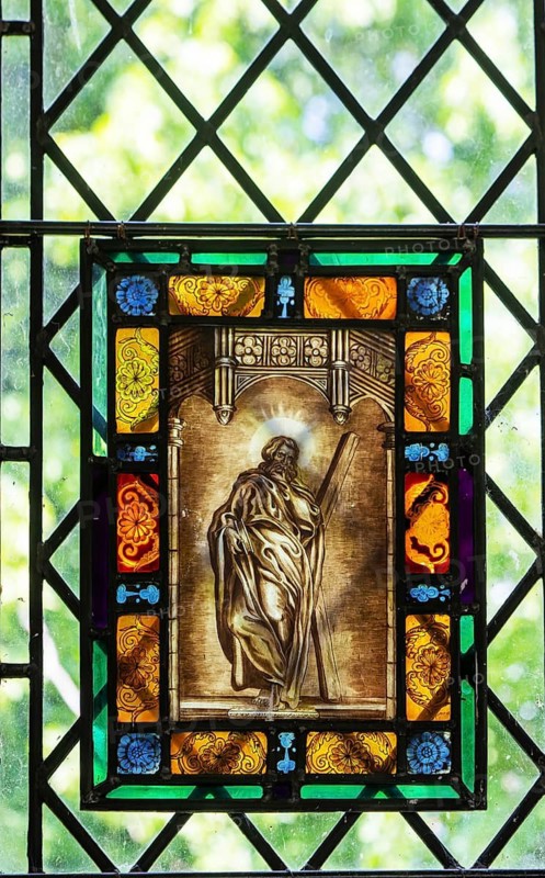 Stained glass depiction of Saint Andrew by C. J. W. Winter c 1840, church of Saint Andrew, Winston, Suffolk, England, UK