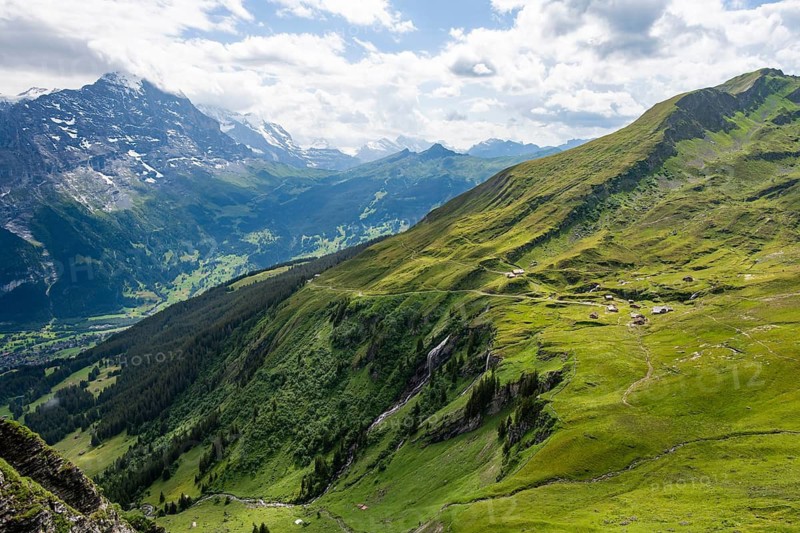 View of mountain landscape with green meadows and alpine huts Bachlager, Grindelwald First, snow-capped Eiger mountain peak, Grindelwald, Bernese Alps, Bernese Oberland, Switzerland