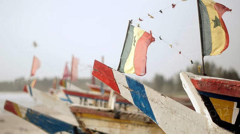 Set of colorful fishing boats with flags, flags of Senegal, on the coast, atmospherically festive, Cap Skirring, Casamance, Senegal