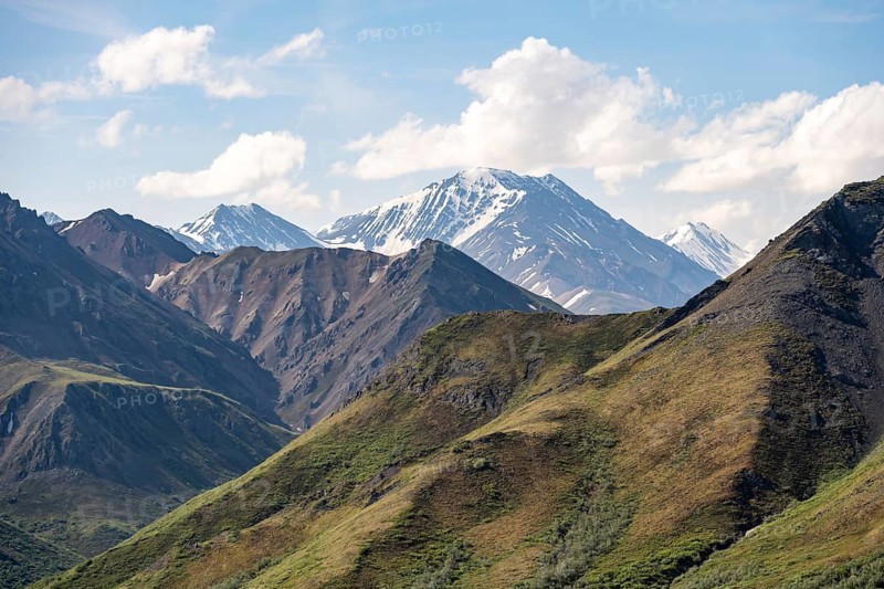 Tundra and mountainous landscape of the Alaska Range, Sable Pass, Denali National Park and Preserve, Alaska, USA