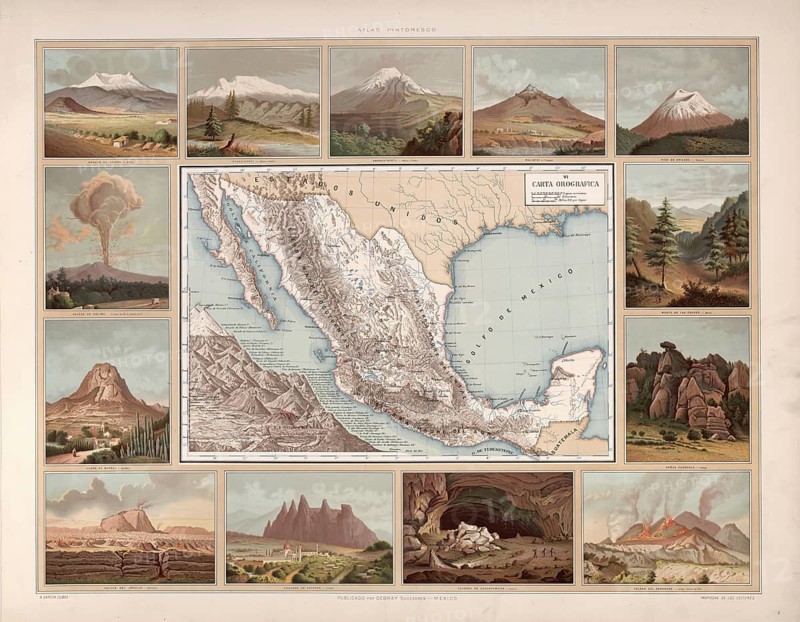 Orographic map, orographic map, volcanoes and mountains in Mexico, around 1900, illustration, reproduction from a 19th century model. School picture, mural, authentic, file restored for optimal use, exact date of original unknown, historical