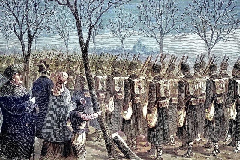 Serbian soldiers marching during the Orient War, Crimean War, 1853 - 1856, reproduction from a 19th century model. Authentic, file restored for optimal use, exact date of original unknown, nostalgically colored
