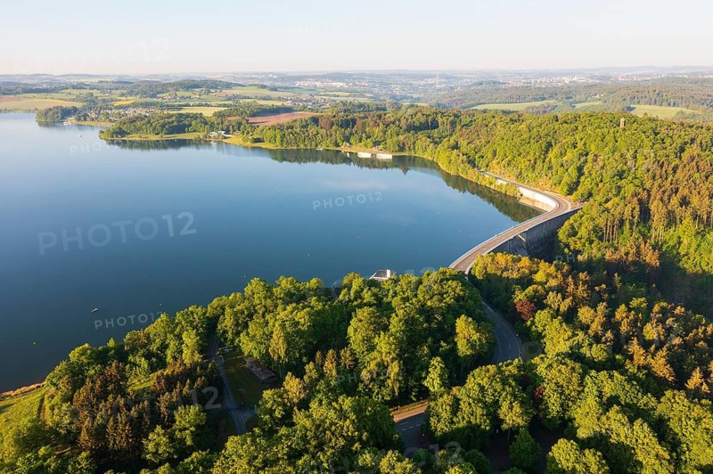 Aerial view of Pöhl dam in morning light, Vogtland, Saxony, Germany