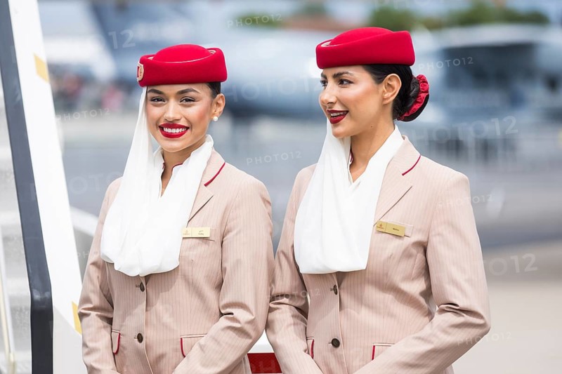 Emirates flight attendants on a tour of the ILA (International Aerospace Exhibition) on 10 June 2026 at the Berlin-Schönefeld Exhibition Grounds