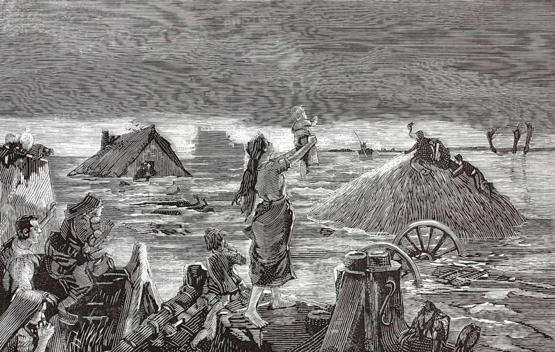 The dramatic effects of the storm surge of January 30 and 31, 1877 in the West Polder in the Dutch province of Groningen. People can be seen who have saved themselves on makeshift rafts, the roofs of flooded farmhouses and on haystacks while everything around them is under water. In the center, a mother desperately raises her toddler up, Holland, illustration, reproduction from a 19th-century model. Authentic, file restored for optimal use, exact date of submission unknown, historical