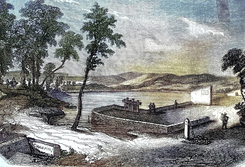 Bassin de Saint-Ferréol, the main reservoir of the Canal du Midi in southern France, around 1890, illustration, reproduction from a 19th-century model. Authentic, file restored for optimal use, exact date of original unknown, historical, nostalgically colored