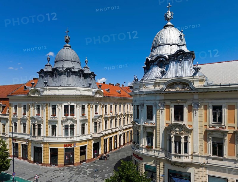 Magnificent historic buildings with decorative facades and domes under a blue sky, aerial view, houses on Union Square, Cluj-Napoca, Cluj, Transylvania, Transylvania region, Romania