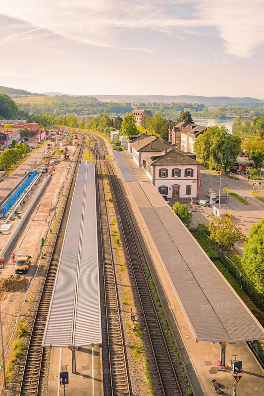 Station complex with long tracks in a rural area, electrification of the Hochrheinbahn, conversion of the railway station, Waldshut, Tiengen, Germany