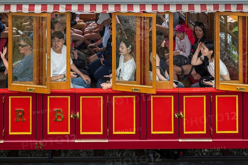 Vitznau Rigi Bahn mountain railway historic presentation car with Asian tourists, Rigi Staffel, Arth, Switzerland