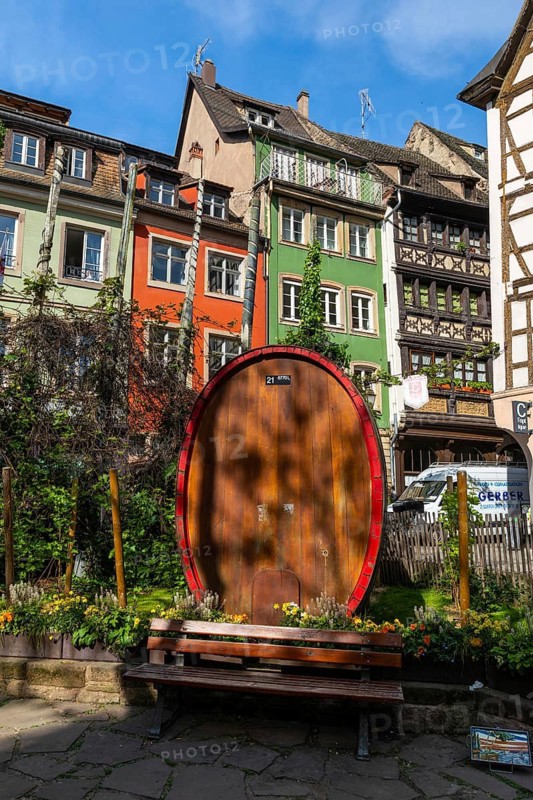 Large wooden wine barrel on the Place des Tripiers, half-timbered houses, Strasbourg, Alsace, France
