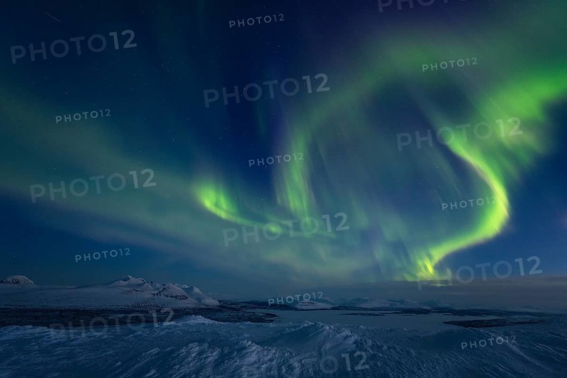 Northern Lights (Aurora borealis) over Lake Akkajaure and the Akkamassif, Stora Sjöfallet National Park, Laponia World Heritage Site, Norrbotten, Lapland, Sweden, April 2021