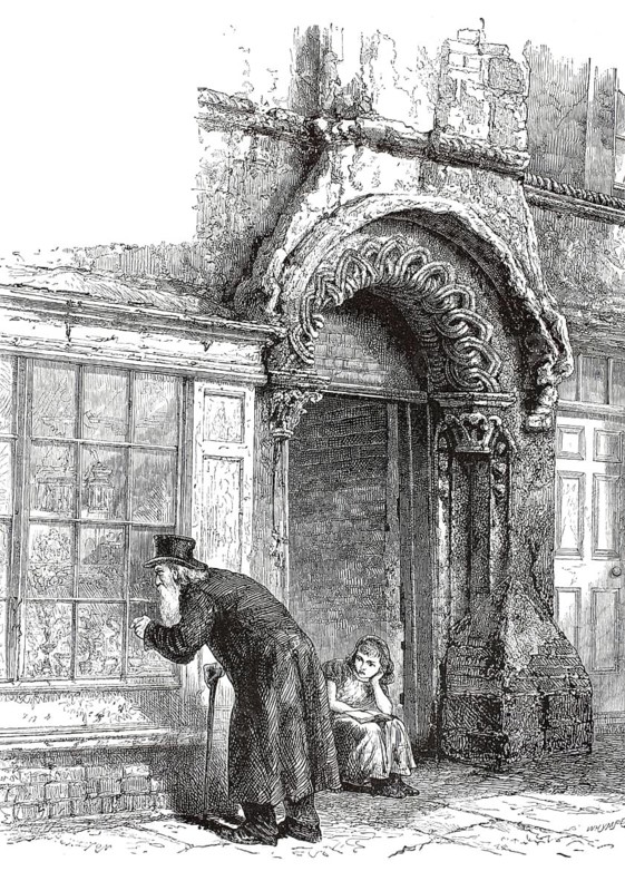 Jew's House, Jewish house in Lincoln, England, dating from 1870. Scene depicts an elderly man looking through the windows of this medieval building, illustration, reproduction from a 19th-century model. Authentic, file restored for optimal use, exact date of submission unknown, historical