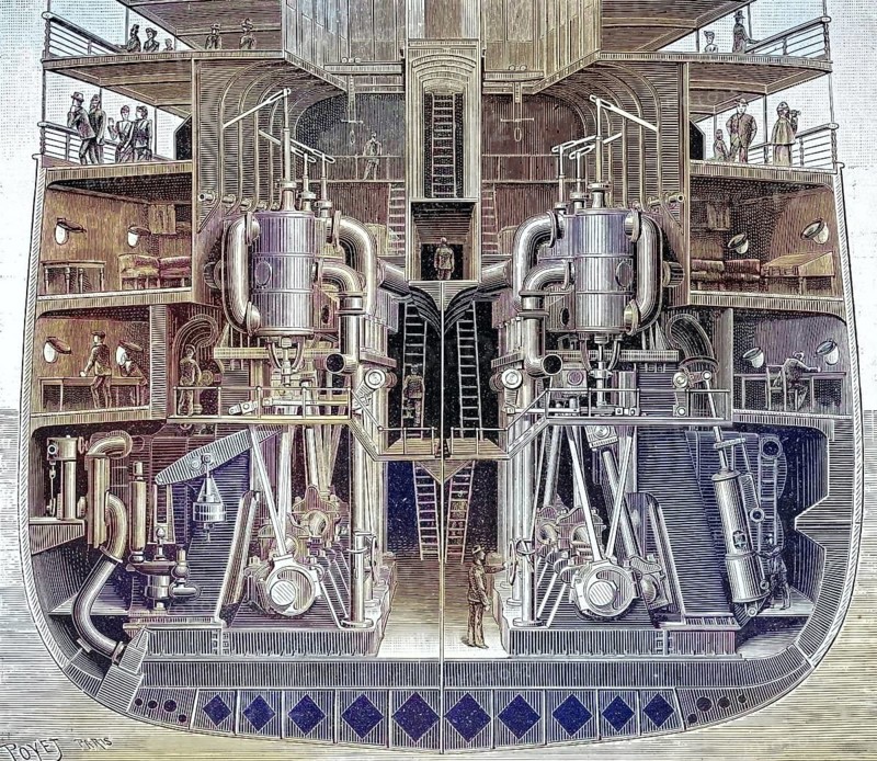 Cross-section of the engine room of a steamship from the late 19th century. A powerful, standing marine steam engine, composite or expansion steam engine is shown. You can see the huge vertical cylinders in the upper area, the massive connecting rods and the crankshaft at the very bottom of the ship's hull, reproduction of a model from the 19th authentic, file restored for optimal use, exact date of original unknown, nostalgically colored