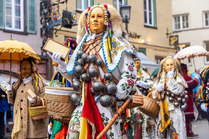 The highlight of the Swabian-Alemannic carnival is the fool's jump in Rottweil. Around 4000 fools jump through the historic Black Gate. Only fools with the certified original Rottweiler fool dress may participate. Rottweil, Black Forest, Baden-Württemberg, Germany