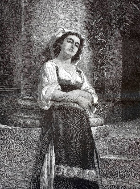 Dolce Far Niente, Sweet Idle, by Charles Landelle from 1870. The picture shows a young woman in traditional, rural clothing leaning relaxed against an ancient column. Her gaze expresses a quiet reverie, which visually underpins the title, Italy, illustration, reproduction from a 19th-century model. Authentic, file restored for optimal use, exact date of submission unknown, historical