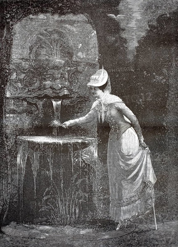 Elegantly dressed woman from the 19th century standing at an ornate fountain. Lady in contemporary fashion from the late 19th century gently holding her hand in the running water of a historic well complex. A fountain in Maisons-Laffitte by artist M. Burgers, illustration, reproduction from a 19th century model. Authentic, file restored for optimal use, exact date of submission unknown, historical