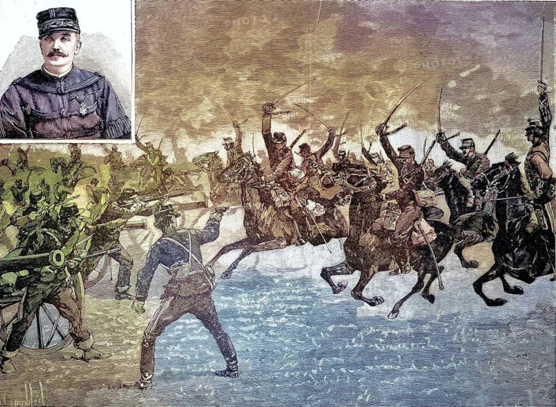 General Raoul Le Mouton de Boisdeffre (1839–1919), probably a skirmish during the Loire Campaign (for example, in the Orléans or Le Mans area), in which Boisdeffre fought alongside Chanzys against the Prussian forces. Franco-Prussian War 1870–1871, reproduction of a 19th-century original. Authentic, file restored for optimal use, exact date of the original unknown, nostalgically coloured