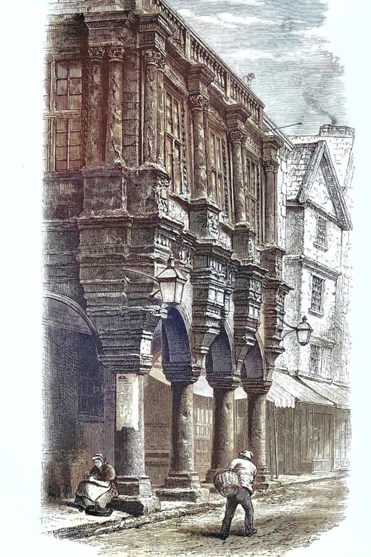Town Hall in Exeter, capital of the county of Devon in southwest England, illustration, reproduction from a 19th century model. Authentic, file restored for optimal use, exact date of original unknown, historical, nostalgically colored