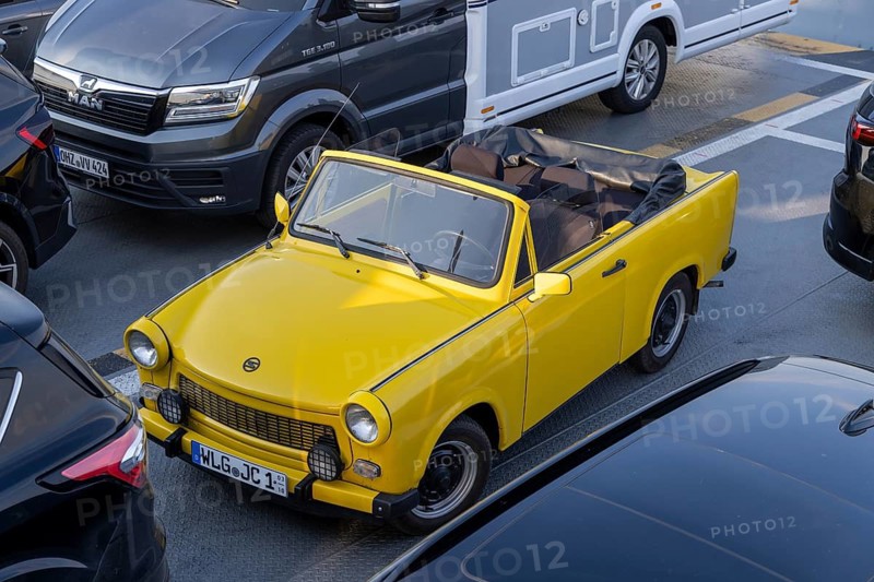 Trabi, Trabant convertible on FRS Elbe ferry near Glückstadt, Schleswig-Holstein, Germany