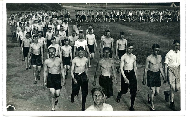 Men, HJ, Hitler Judend, Oranised, National Socialism, Athletes, Entry into Stadium, Rally, Shorts, Some with a Bare Body, Marching in a Field, Black and White Sports Shot, Julius Gross, 1934