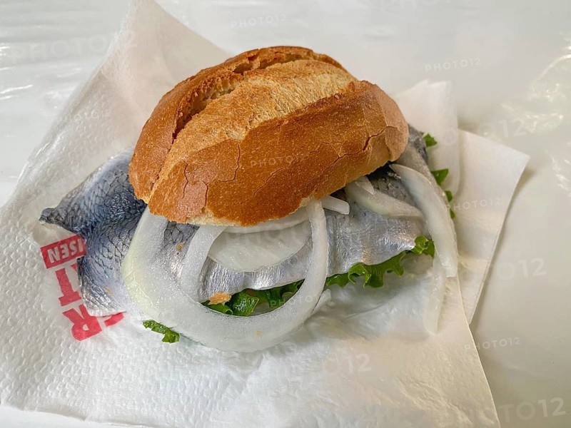 Herring rolls, fish rolls, Bismarck herring rolls, herring rolls with Bismarck herring, herring, onions, salad, lies in napkin, food, Stuttgart, Baden-Württemberg, Germany