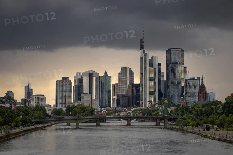 Dark rain clouds sweep across Frankfurt's banking skyline, Frankfurt am Main, Hesse, Germany