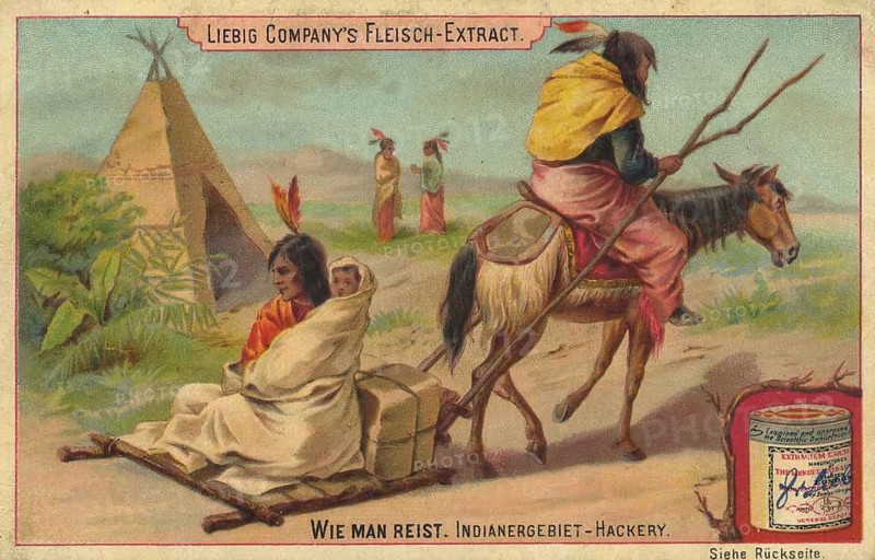 Picture series How to Travel, America, a scene with Native Americans using a horse to pull a travois, a type of sled construction, favorite picture, digitally restored reproduction of a collector's painting from around 1900, exact date unknown