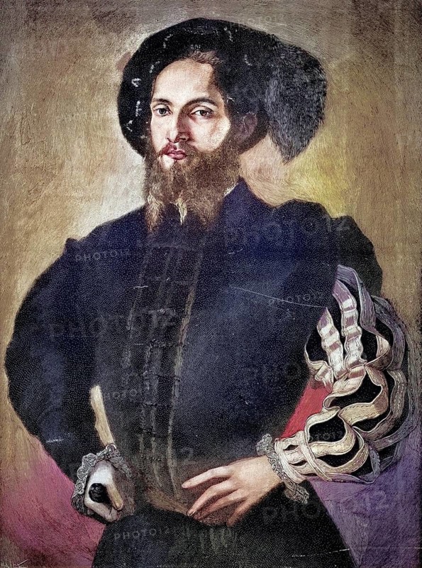 Cesare Borgia (1475–1507), son of Pope Alexander VI, a renowned condottiero, politician and cardinal during the Italian Renaissance, a reproduction of a 19th-century original. Authentic, file restored for optimal use, exact date of the original unknown, nostalgically coloured