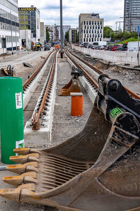 Large construction site in the city center of Essen, Hachestraße, the construction of new tracks for the new Stadtbahn-Essen, a new tram line in the city center that will connect the west of the city with the new Essen-51 district, North Rhine-Westphalia, Germany