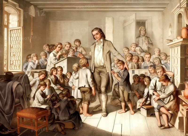Pestalozzi with the orphans of Stans, school for orphans, Stans, canton of Nidwalden, Switzerland, Johann Heinrich Pestalozzi, 1746 - 1827, Swiss pedagogue, educational reformer, digitally edited based on a historical illustration, subsequently colored