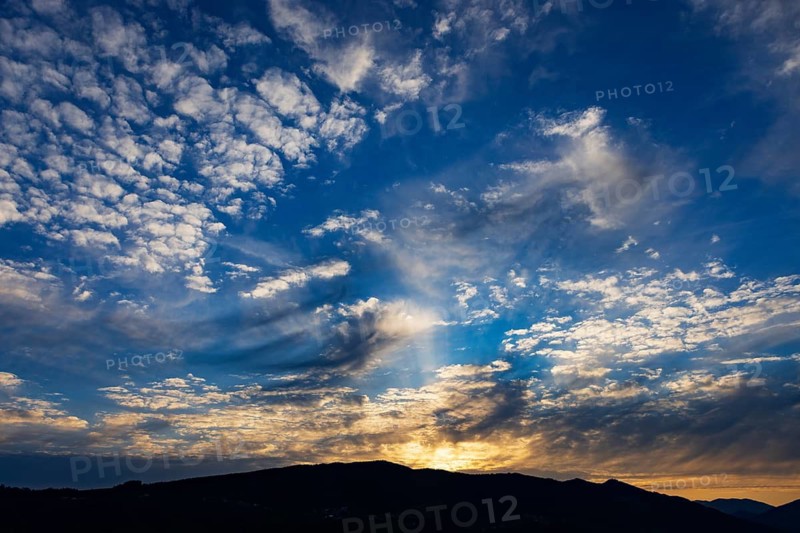 Cloudscape of altocumulus clouds at dawn, sunrise, cloud formation, Mondseeland, Salzkammergut, Upper Austria, Austria