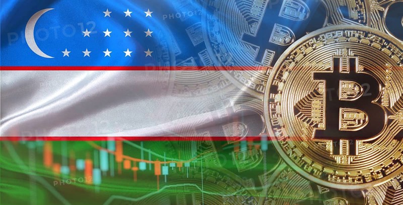 Uzbek flag with Bitcoins in the background. Bitcoin cryptocurrency with Uzbekistan flag, Investors in Blockchain Technology