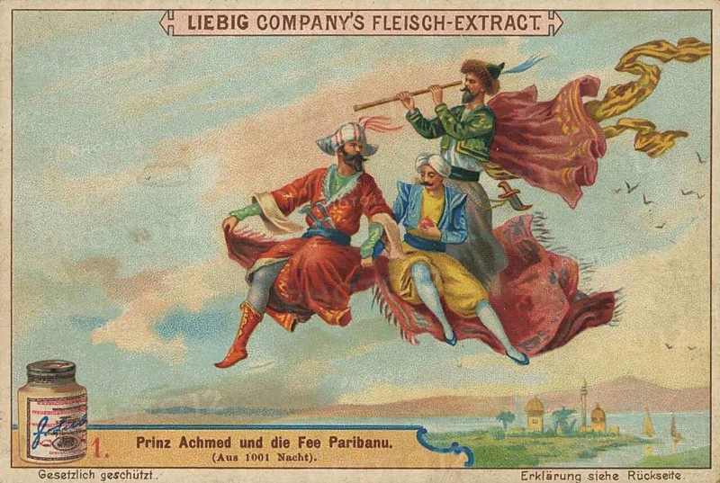Picture series Prince Achmed and the Fairy Paribanu, Prince Achmed and the Fairy Paribanu on a flying carpet, lovely picture, digitally restored reproduction of a collector's painting from around 1900, exact date unknown