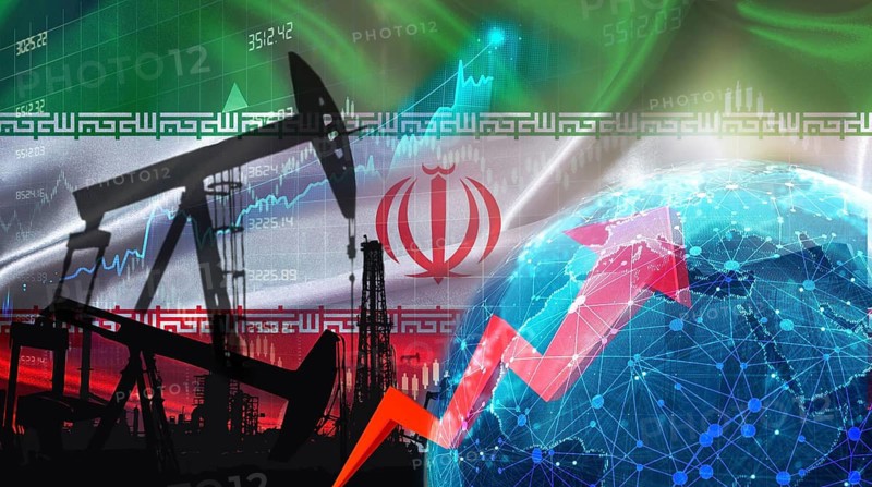 Oil production with Iran flag, petrol industry. Oil pumps with Iranian flag
