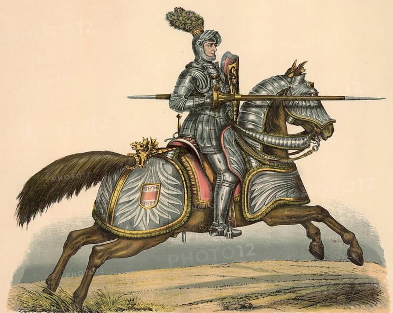Maximilian I, Holy Roman Emperor and German Emperor (1493–1519), is wearing a finely crafted Renaissance suit of plate armour. The visor helmet is adorned with a magnificent plume of peacock feathers. The horse is protected by a heavy browplate, a horse's browplate, and metal plates covering the croup and flanks. Maximilian armour, Maximilian-style armour, school picture, illustration, reproduction of a 19th-century original. School picture, wall hanging, authentic, file restored for optimal use, exact date of the original unknown, historical