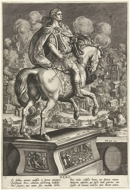 Nero Claudius Caesar Augustus Germanicus (born 15 December 37 in Antium, died 9 or 11 June 68 near Rome) was Emperor of the Roman Empire from 54 to 68. He was the fifth and last emperor of the Julio-Claudian dynasty, illustration, reproduction of a 19th-century original. Authentic, file restored for optimal use, exact date of the original unknown, historical