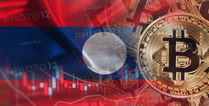 Bitcoin cryptocurrency with Laos flag, Investors in Blockchain Technology. Laotian flag with Bitcoins in the background