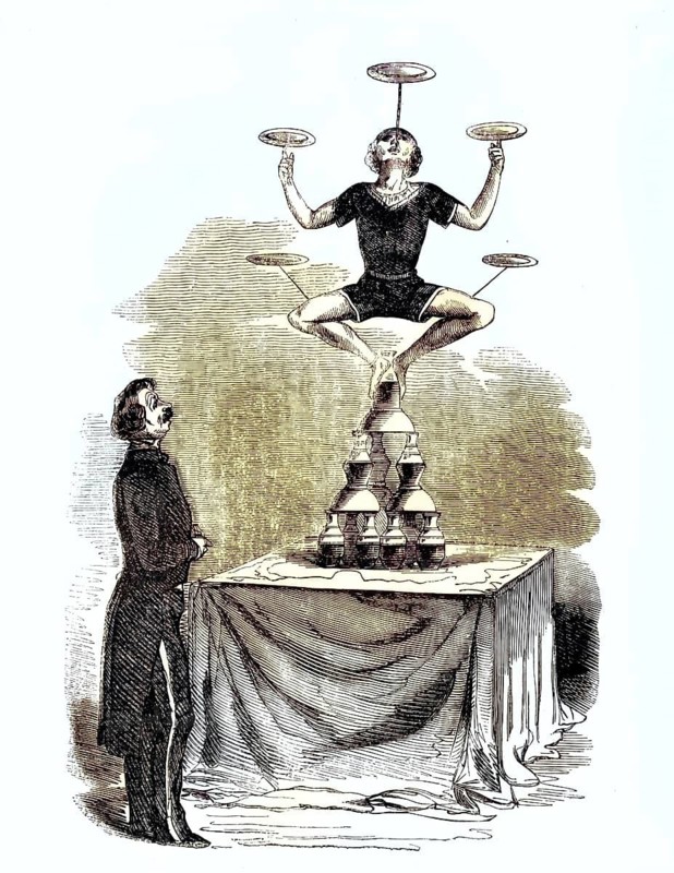 Illustration shows the equilibrist Amidi Neuporte doing a piece of bottle art. The artist balances several plates on his body while standing on a pile of bottles and cups, around 1870, illustration, reproduction from a model from the 19th century. Authentic, file restored for optimal use, exact date of original unknown, historical, colored