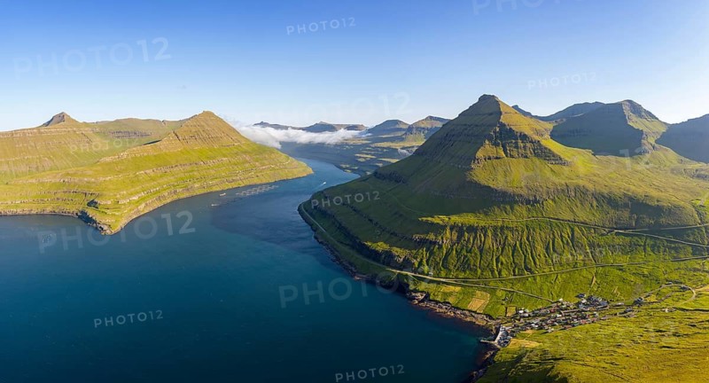 Panoramic view of Funningsfjørður near Funningur on Eysturoy island, fjord with steep mountains, Faroe Islands, Denmark
