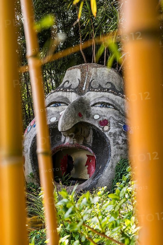 Botanical garden with sculptures in spring, artist Rudolf Hirt, Heller Garden, Andre Heller, Gardone Riviera, Lake Garda, Brescia province, Lombardy region, Italy
