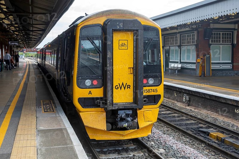 British Rail Class 158 Express Sprinter train diesel multiple 158745, Westbury railway station, Westbury, Wiltshire, England, UK