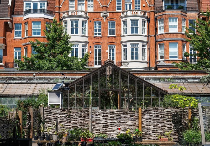 Victorian townhouses on Royal Hospital Road, woven fence and historic greenhouse, Chelsea Physic Garden, historic botanical garden, oldest botanical garden in London, founded in 1673 by the Worshipful Society of Apothecaries, Chelsea, England, Great Britain, Great Britain