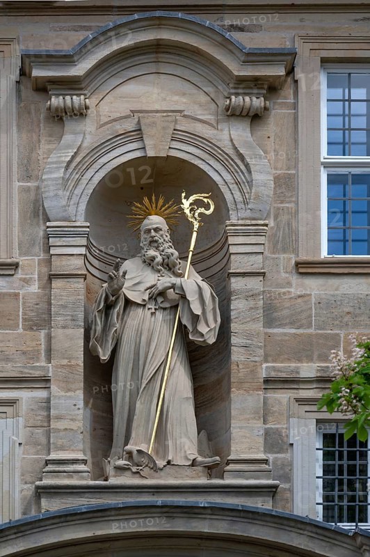Saint Benedict of Nursia, created in 1743, above the portal to the monastery complex of St. Michael, Michaelsberg, Bamberg, Upper Franconia, Bavaria, Germany
