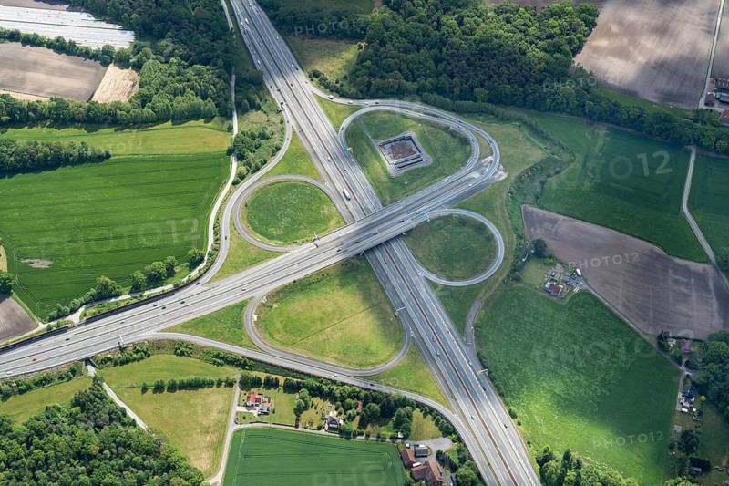 Europe, Germany, aerial view, North Rhine-Westphalia, Bielefeld, traffic route, highway, exit, junction, Bielefeld-Zentrum, A2, B66, Ostwestfalenstraße, road, landscape, main street, traffic, street, car, city, transportation