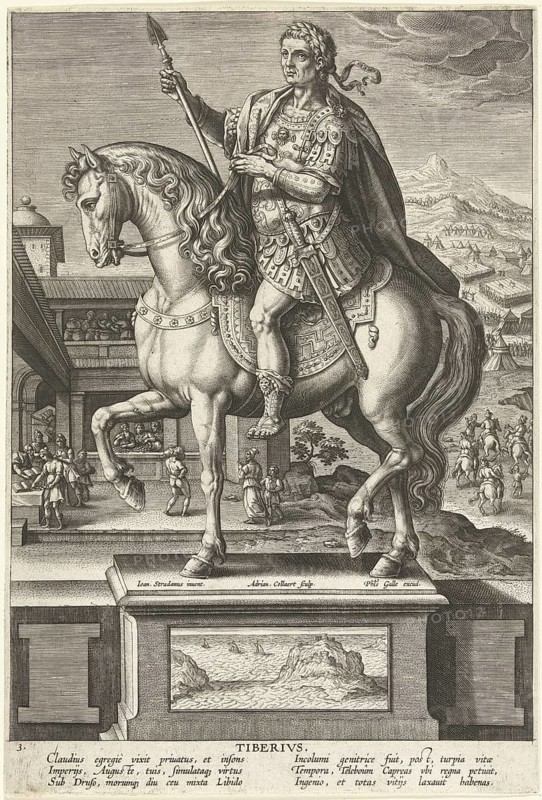 Tiberius Julius Caesar Augustus, in front of adoption by Augustus Tiberius Claudius Nero, born November 16 42 BC, died March 16, 37 AD, was Roman emperor from 14 to 37 AD After his stepfather Augustus, Tiberius was the second emperor of the Roman Empire and, like him, belonged to the Julio-Claudian dynasty, illustration, reproduction from a model from the 19th century. Authentic, file restored for optimal use, exact date of submission unknown, historical